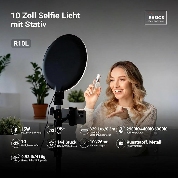 NEEWER BASICS 10" Ringlicht mit 63" Stativ/Handyhalterung/Fernbedienung kompatibel mit iPhone, 15W,