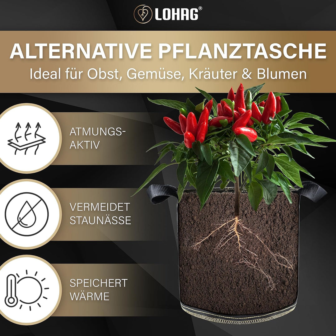 lohag® Premium Vliesstoff-Pflanzsack - 40 Liter, 3er Pack | Für Kräuter, Blumen, Gemüse &amp; Zimmerpfla