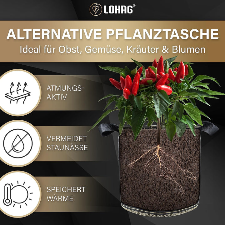 lohag® Premium Vliesstoff-Pflanzsack - 40 Liter, 3er Pack | Für Kräuter, Blumen, Gemüse &amp; Zimmerpfla