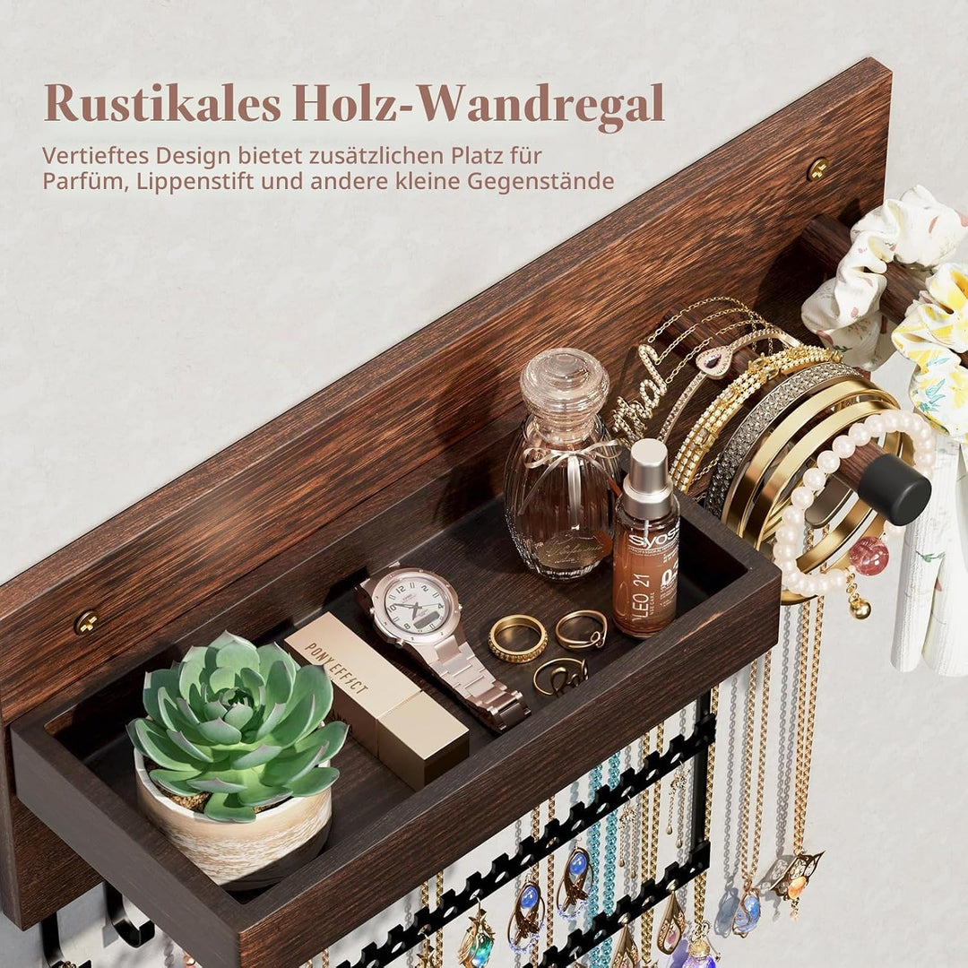 Lolalet Hängeschmuck Organizer, Hölzerne Schmuckaufbewahrungsregal mit 15 Haken, Wandmontierte Halsk