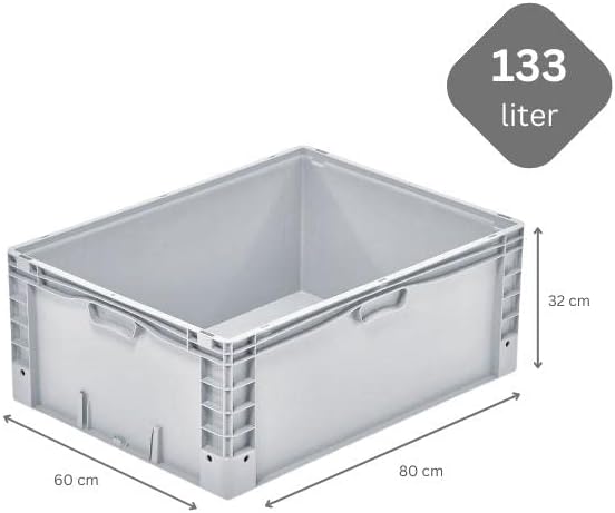 PROREGAL Euro-Norm Grossbehälter | HxBxT 32x60x80cm | 133 Liter | Glatter Boden | Grau | Eurobehälte