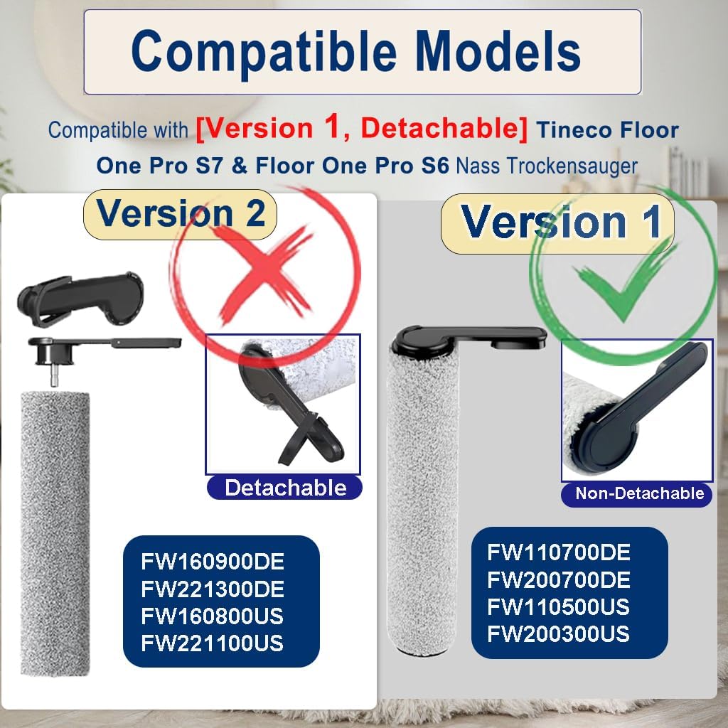 [Version 1, Nicht abnehmbar] Zubehör für Tineco Floor One S7 Pro/Floor One S6, 2 Bürstenrolle 4 Filt