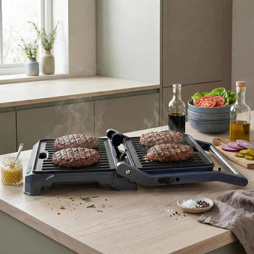 Progress Mellow Health Grill, 180°-Öffnung, 850 W | Antihaftplatten, 23 x 14,5 cm Grillfläche, flach