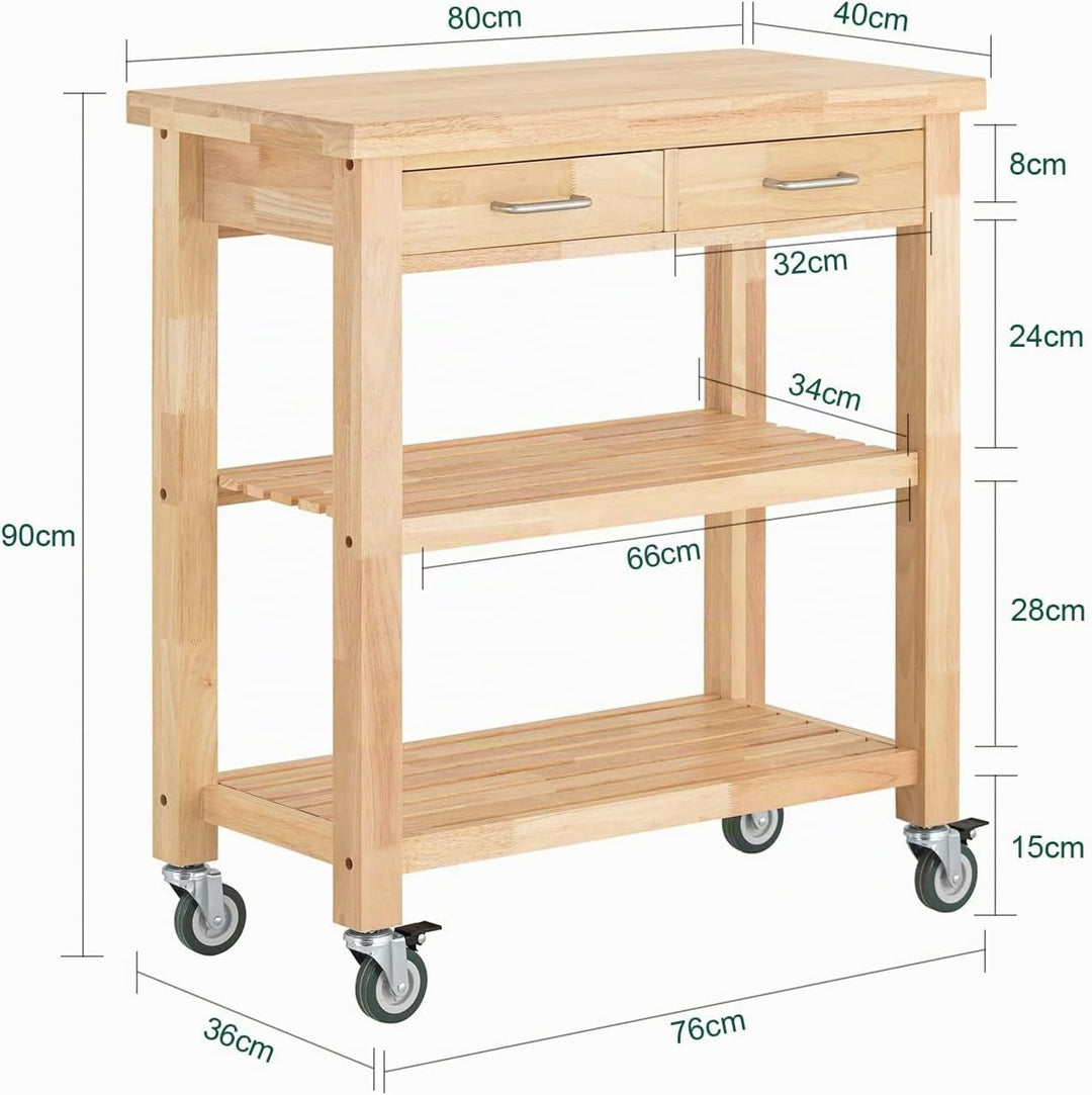 SoBuy FKW24-N Servierwagen aus Gummi-Holz,Küchenwagen,Küchenregal, Rollwagen,B80xT40xH90cm, B80xT40x