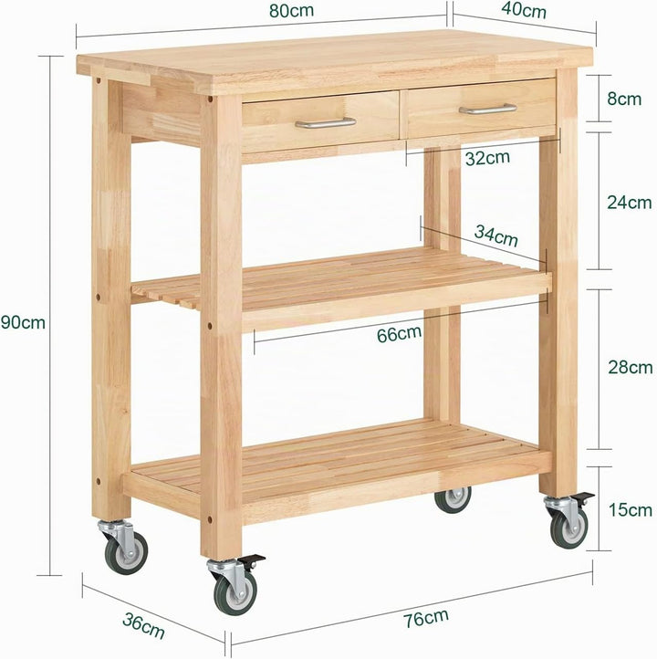 SoBuy FKW24-N Servierwagen aus Gummi-Holz,Küchenwagen,Küchenregal, Rollwagen,B80xT40xH90cm, B80xT40x