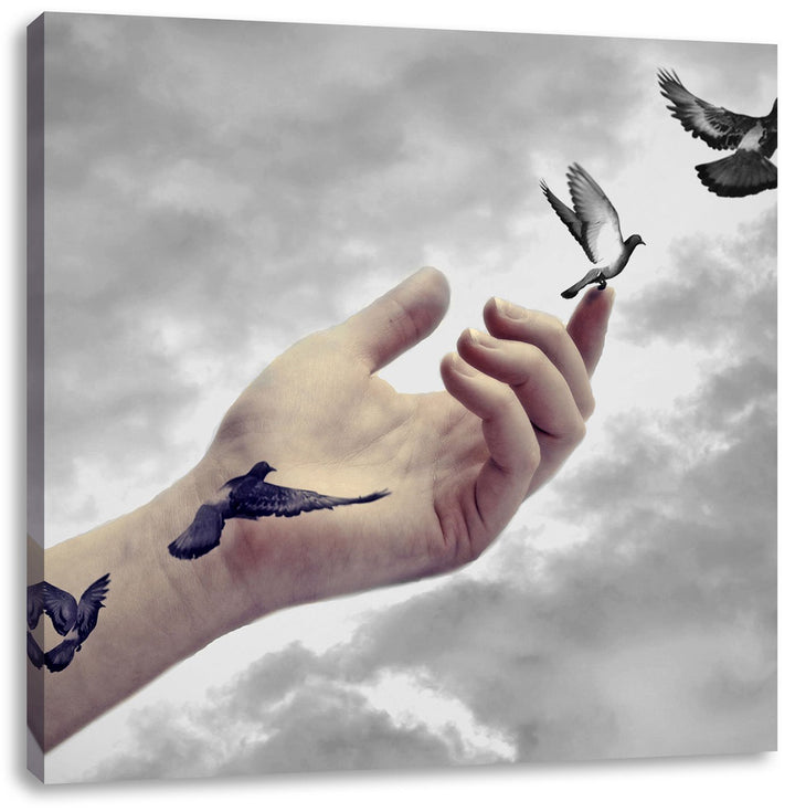 Pixxprint Vögel fliegen in die Freiheit Schwarz/Weiss, Format: 70x70 auf Leinwand, 70x70