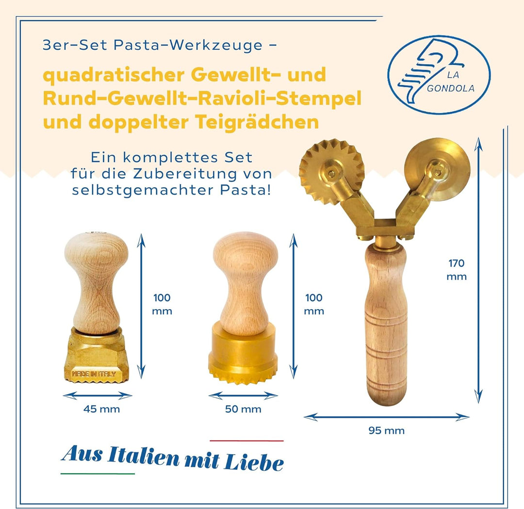 La Gondola 3er Set Pasta-Werkzeuge - Quadratische Gewellte 45x45mm & Runde Gewellte 50mm Ravioli Ste