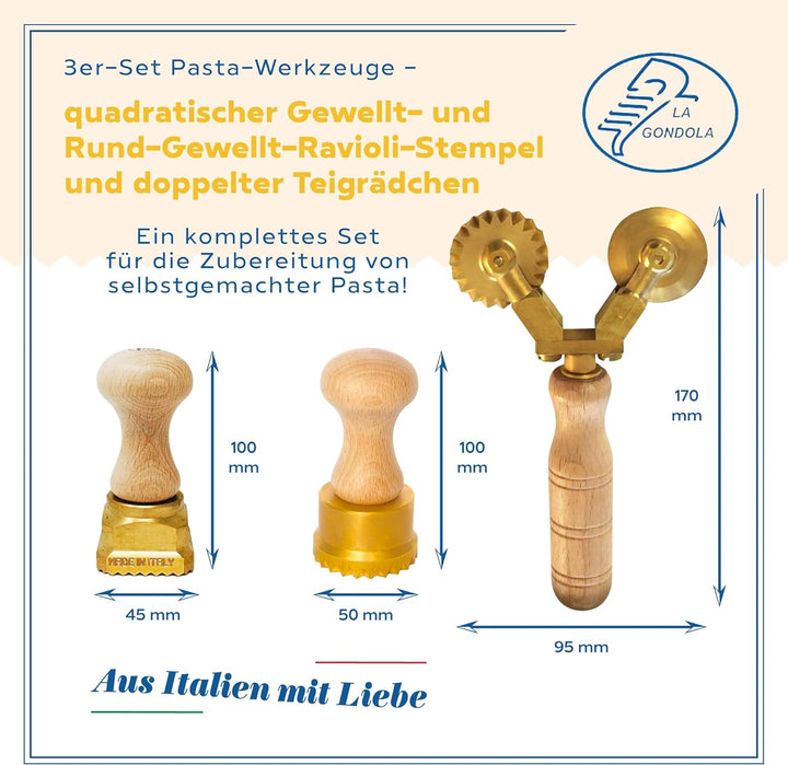 La Gondola 3er Set Pasta-Werkzeuge - Quadratische Gewellte 45x45mm & Runde Gewellte 50mm Ravioli Ste