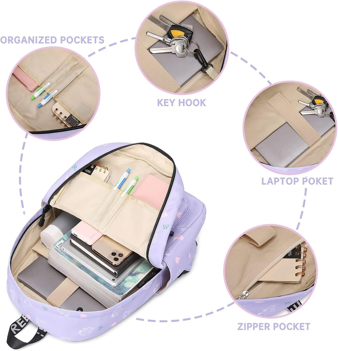 Lohol Leichter Schulrucksack für Mädchen, Kinder-Schulranzen-Rucksack mit Aufdruck (Einhorn Lila), E