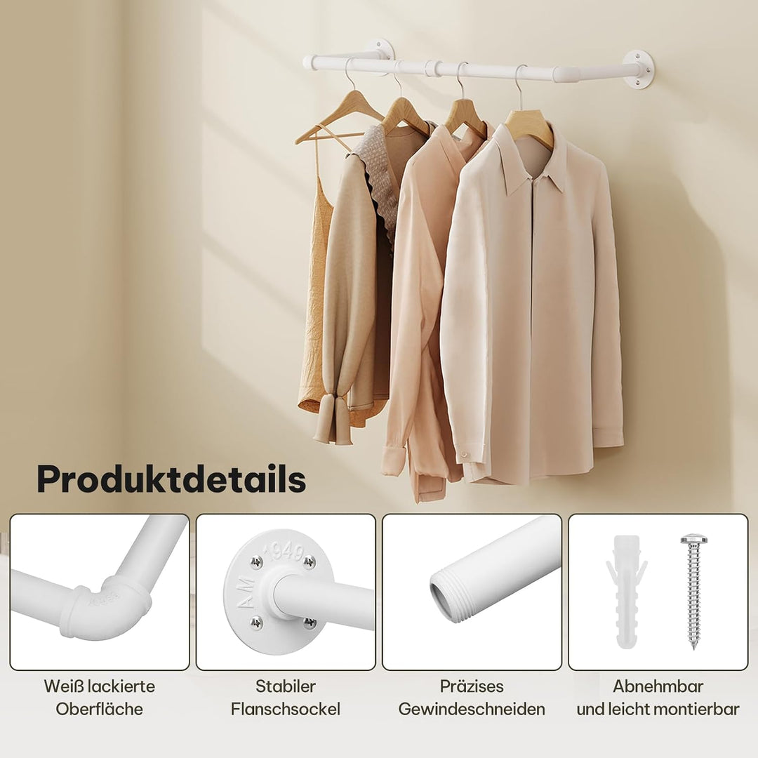 eSituro Kleiderstange Wandmontage, Garderobe Rohr industrial, 79 cm, Weiss | für Flur Küche Wohnzimm