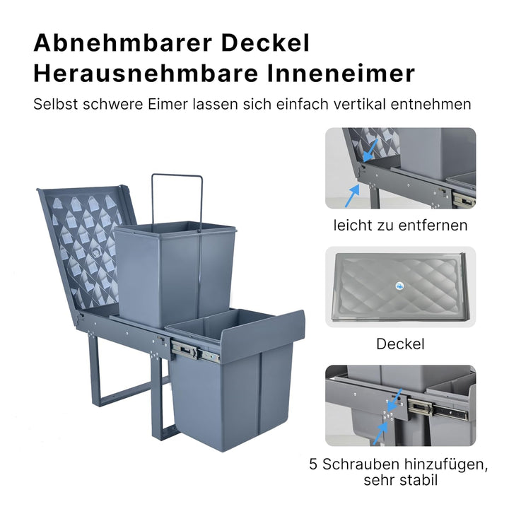 Einbaumülleimer Küche 2 Fächer (2x15L) – Mülltrennsystem,5-Punkt-Verstärkung,ausziehbarer Unterschra