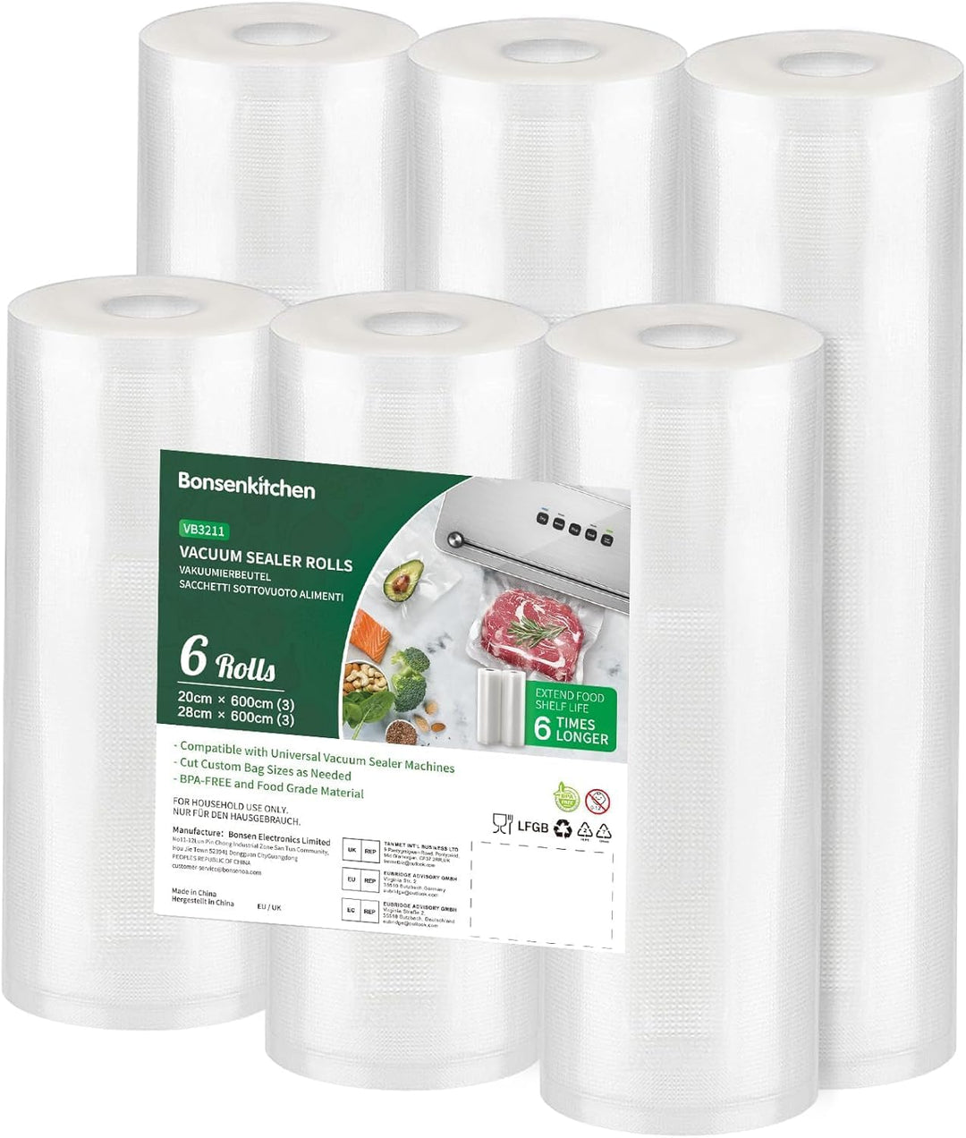 Bonsenkitchen Vakuumrollen 3 Rollen 28x600cm + 3 Rollen 20x600cm Vakuumierfolie - Profi Vakuumbeutel