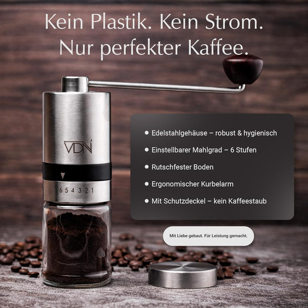 VDN Kaffeemühle manuell - Kaffeemühle Kegelmahlwerk [aus Edelstahl] - Kaffeebohnen Mahlgerät [6 Mahl