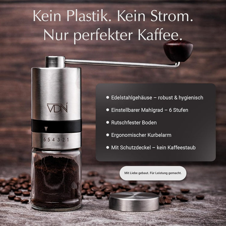 VDN Kaffeemühle manuell - Kaffeemühle Kegelmahlwerk [aus Edelstahl] - Kaffeebohnen Mahlgerät [6 Mahl