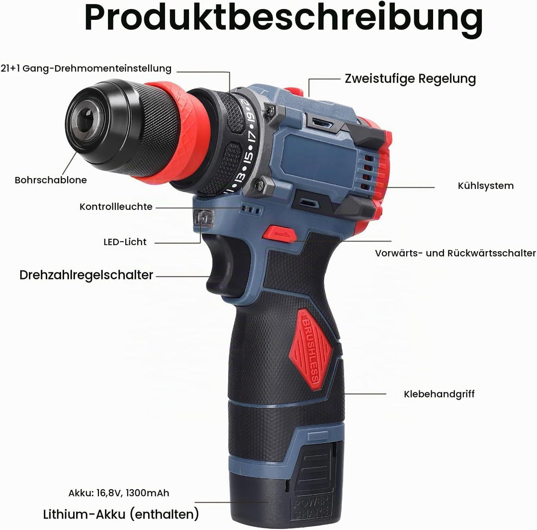 Akkuschrauber Klein 16,8V Mini Akku Bohrschrauber mit 2x 1300 mAh Akkus, max. 45 Nm, 21+1 Drehmoment