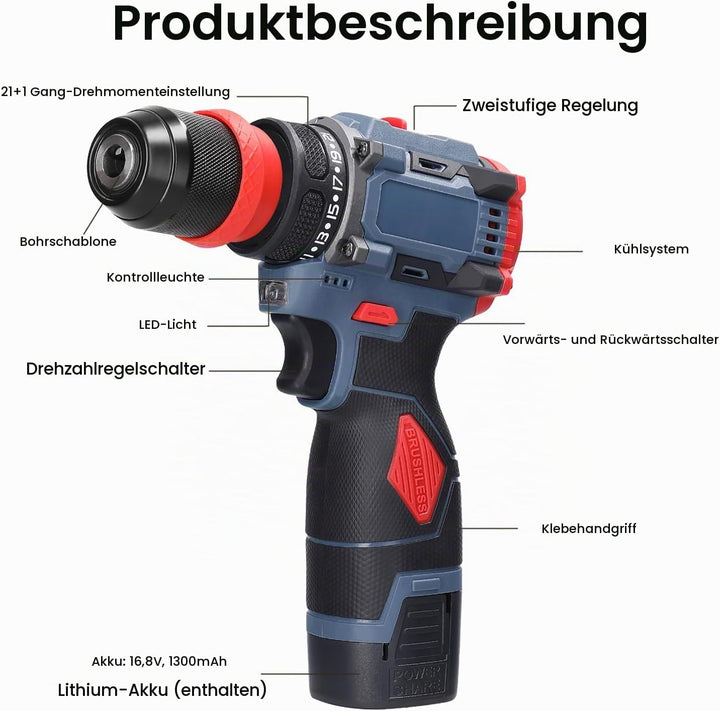 Akkuschrauber Klein 16,8V Mini Akku Bohrschrauber mit 2x 1300 mAh Akkus, max. 45 Nm, 21+1 Drehmoment