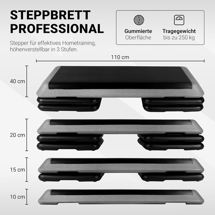 Steppbrett Professional inkl. Übungsposter + Work Out App GRATIS | 3 - Fach höhenverstellbar Studio