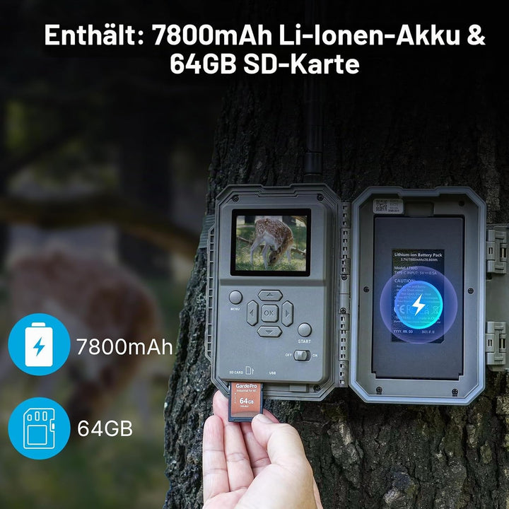 P300 Pro Wildkamera Doppelantenne WLAN 64MP H.264 1296P Video, mit 7800mAh wiederaufladbarem Akku un