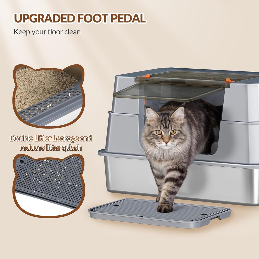 Edelstahl Katzenklo mit Deckel, XXXL Geschlossene Metall Katzentoilette, 70 x 50 x 45 cm, 105° Klapp
