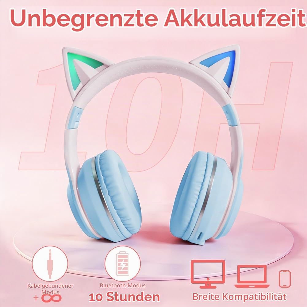 Kinder Bluetooth Kopfhörer, Katzenohr LED Lichter, Bluetooth 5.3 Stereo, Verstellbares Kopfband, 85d