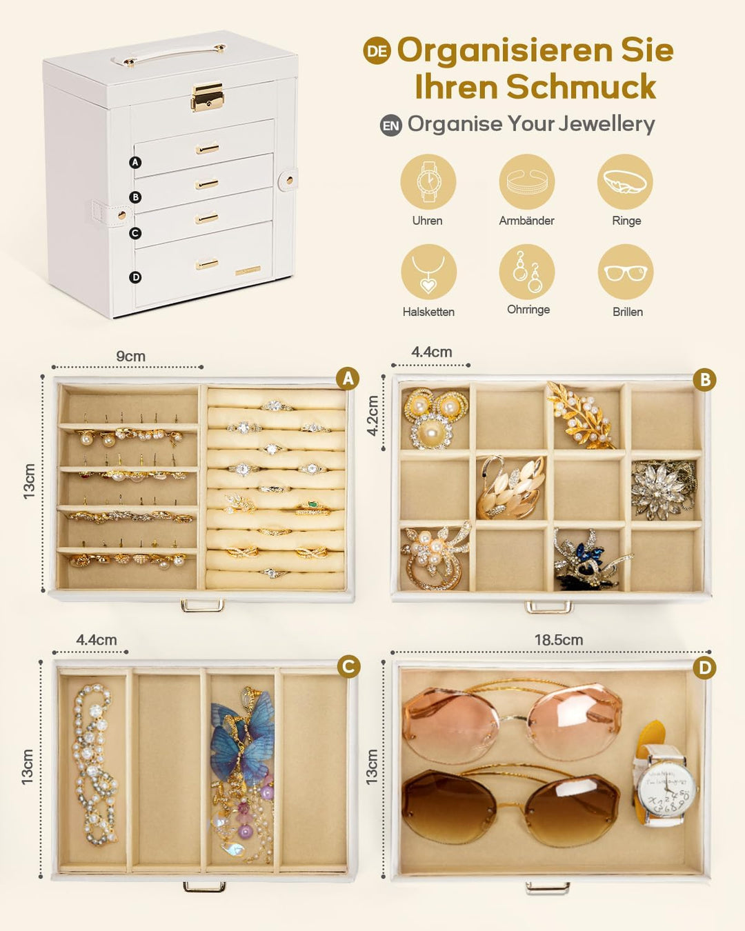 Seelux Schmuckkoffer Schmuckkasten mit fünf Fächern und Seitenklappen Weiss + Gold, Weiss + Gold