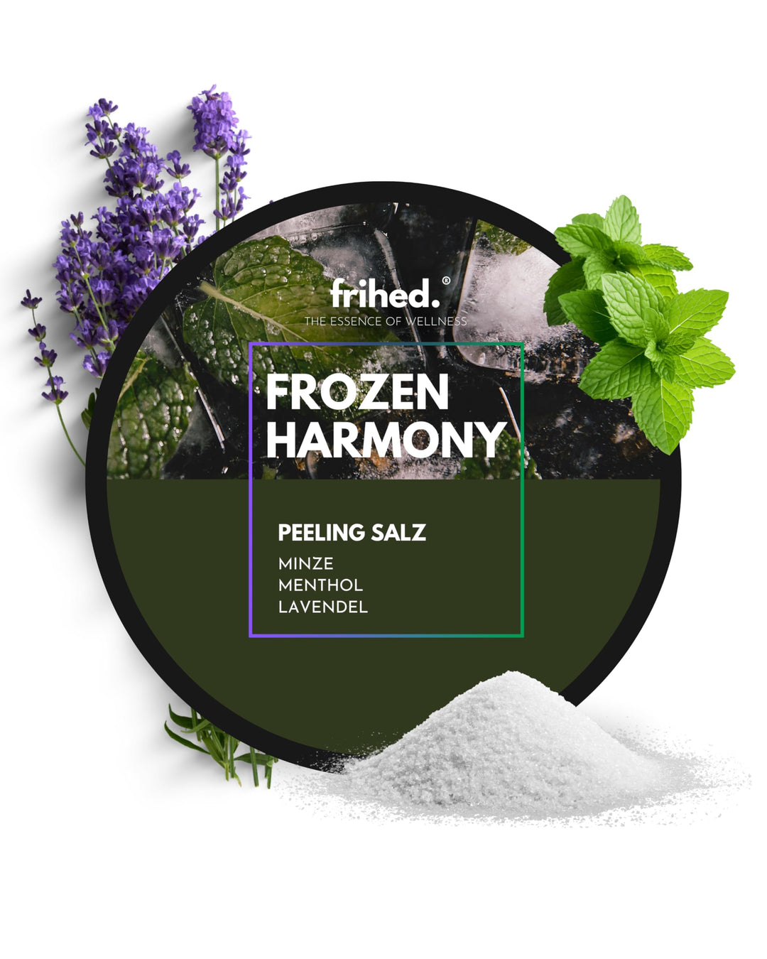 frihed.® Saunasalz Frozen Harmony - Hochwertiges Peelingsalz mit Lavendel-Minze-Menthol Duft - Ideal
