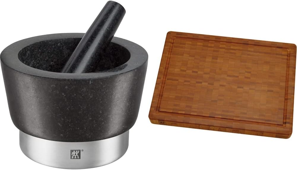 Zwilling Spices Mörser mit Stössel, Ø 11 cm, Granit, Schwarz & 30772100 Schneidbrett, Bambus, mittel