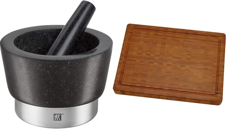 Zwilling Spices Mörser mit Stössel, Ø 11 cm, Granit, Schwarz & 30772100 Schneidbrett, Bambus, mittel