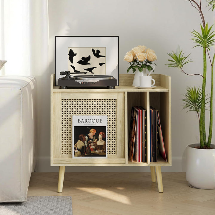 Kiasthome Schallplattenschrank Hellholz mit Rattan, Niedriger Vinyl Schrank mit 2 Vinyl-Fächern &amp; Ra