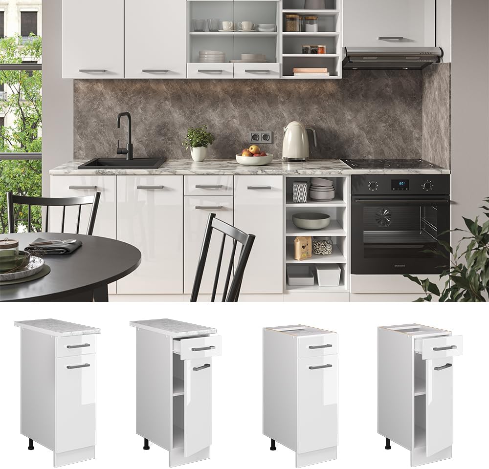 Vicco Küchenunterschrank R-Line, Weiss Hochglanz/Weiss, 30 cm mit Arbeitsplatte Weiss Hochglanz Schu