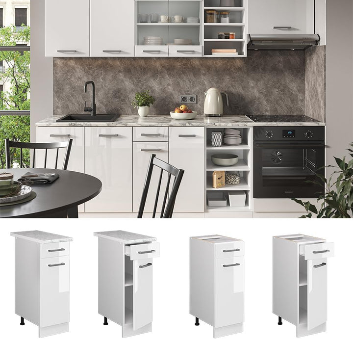 Vicco Küchenunterschrank R-Line, Weiss Hochglanz/Weiss, 30 cm mit Arbeitsplatte Weiss Hochglanz Schu