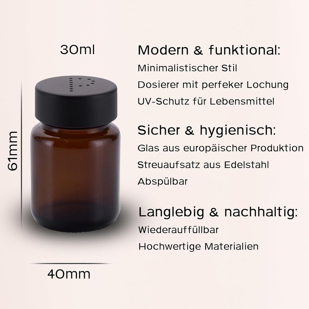 Salzstreuer und Pfefferstreuer Set aus Braunglas - Salt Shaker mit Edelstahl Deckel – Streuer für Pf