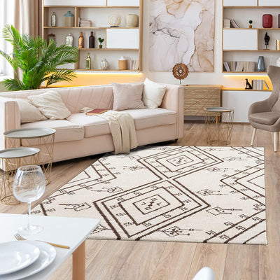 payé Teppich Wohnzimmer Ethno Berbermuster - Cream 140x200cm - Hochflor weich Boho Schlafzimmer Flur