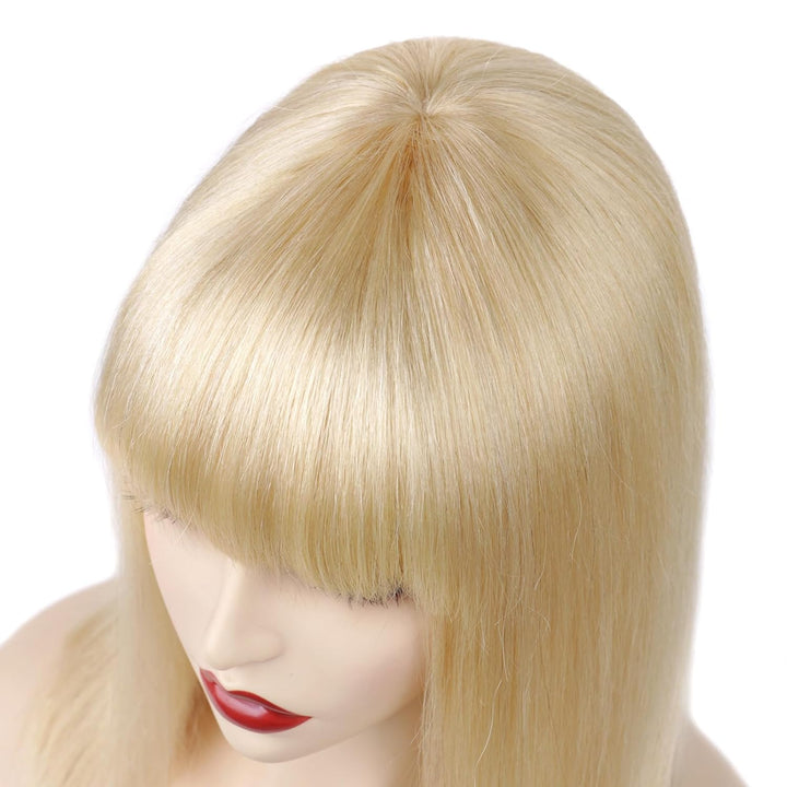 Huarisi 14 inches Blonde Straight Wigs with Bangs, 613 Human Hair Wigs Bob None Lace, 10a Bob Wigs f