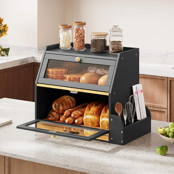 HOOBRO 2-stöckiger Brotkasten Bambus mit Schneidebrett und Besteckhalter, Brotbox mit Acryltüren, Br