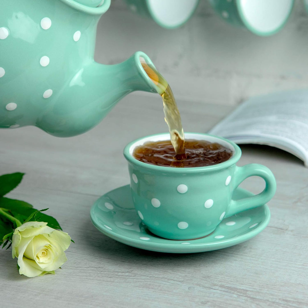 City to Cottage® - Kaffeebecher Teetasse 250 ml | Türkis und Weiss | Polka Dots | Handgemacht | Kera