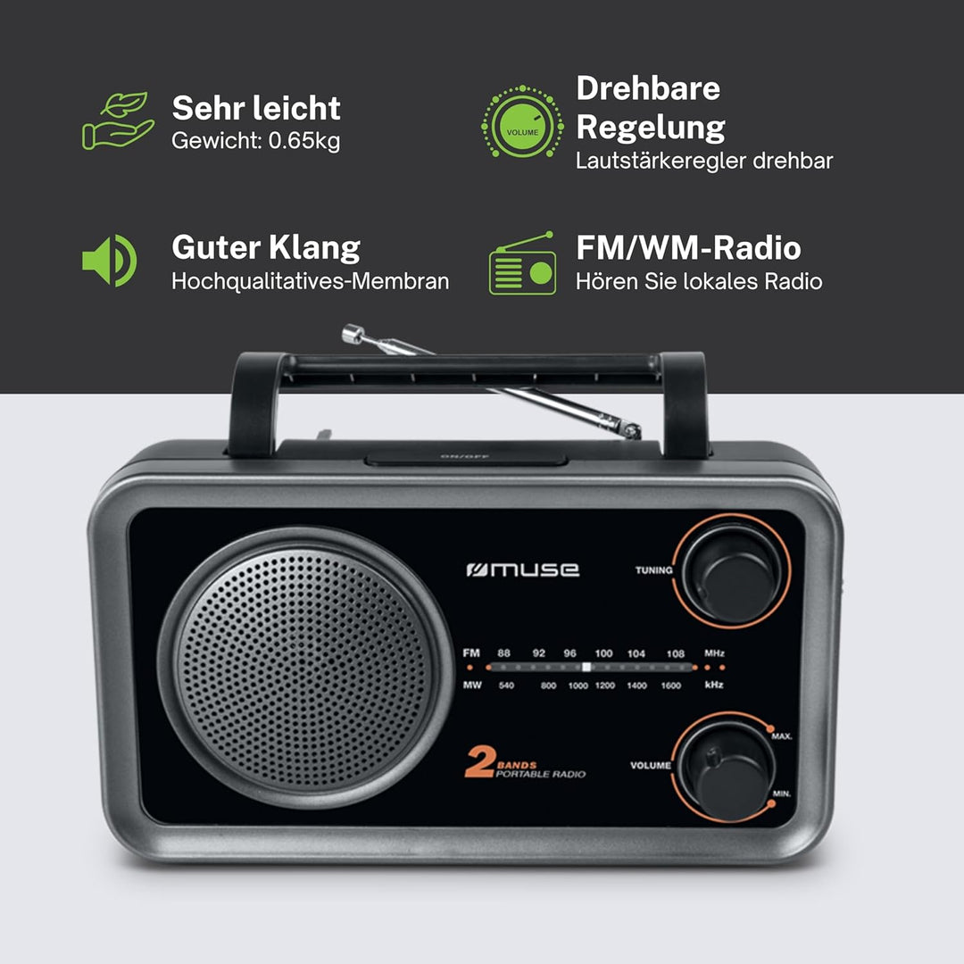 Muse M-06 DS Küchenradio (FM, MW) Radio, Netz- und Batteriebetrieb, AUX-In für Handy, schwarz, Schwa