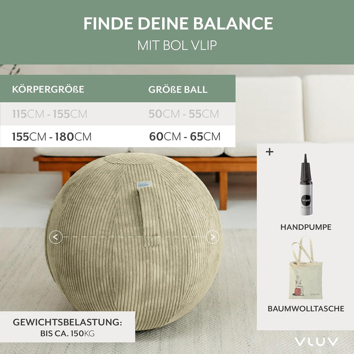 VLUV® BOL VLIP Sitzball Büro Ergonomisch [Atmungsaktiv mit Tragegriff und Wegrollschutz] Waschbarer