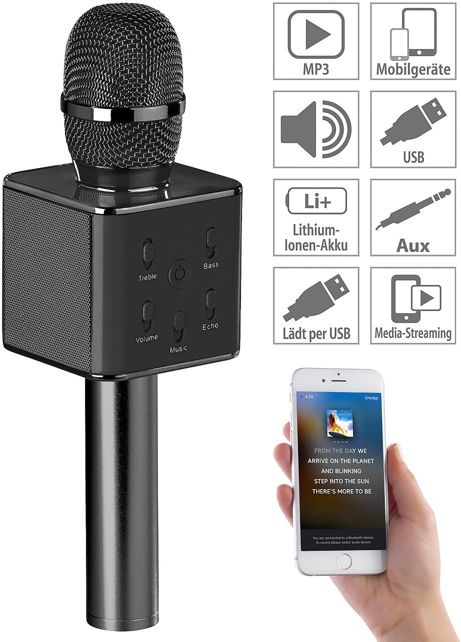 auvisio Karaoke Mikro: Karaoke-Mikrofon mit Bluetooth, MP3-Player, Lautsprecher und Akku (Kindermikr