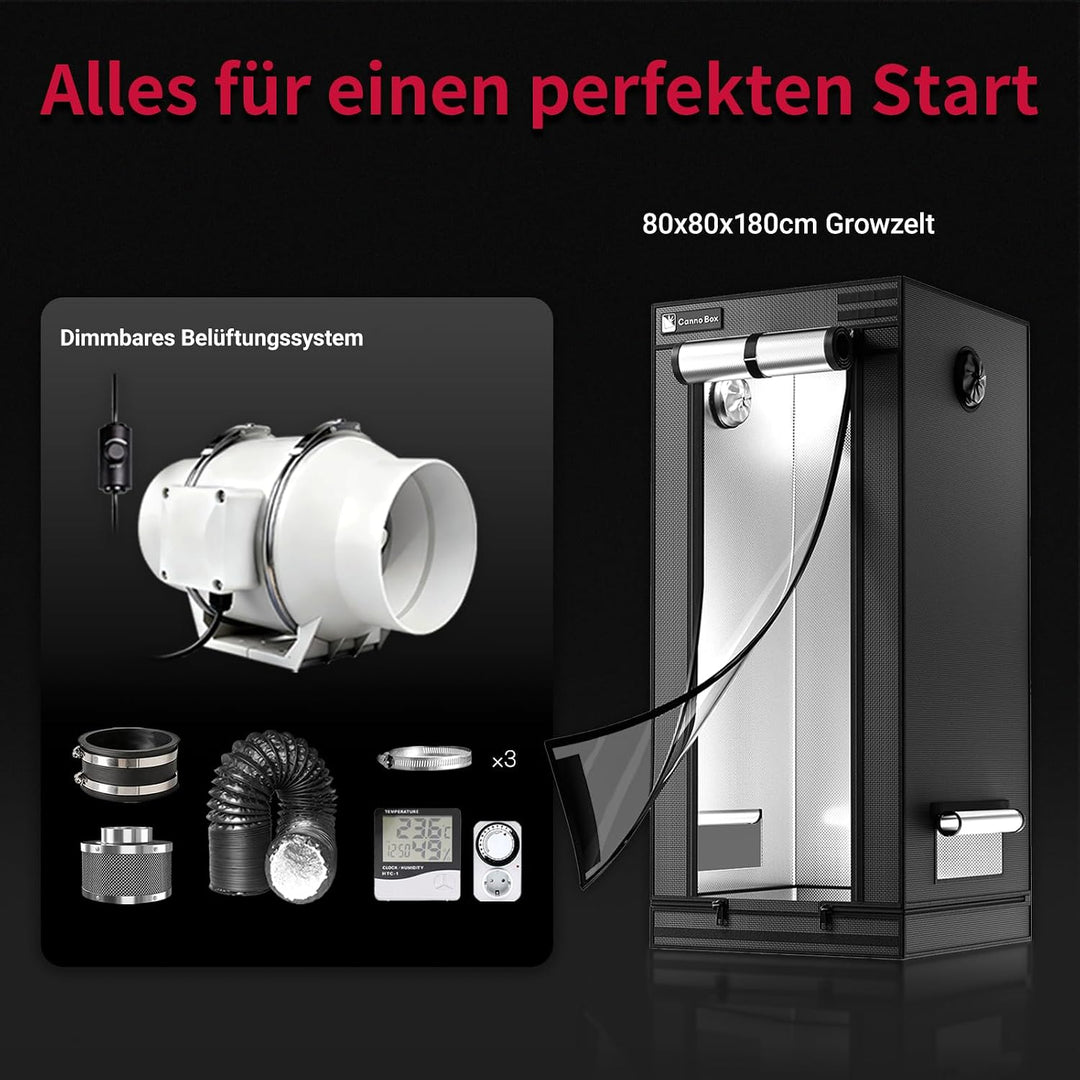 Pro Growzelt Komplettset mit Growzelt 80x80x180 cm und Regelbar Rohrventilator 100mm Set Belüftungss