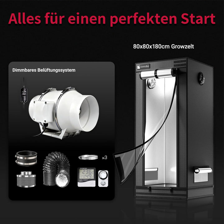 Pro Growzelt Komplettset mit Growzelt 80x80x180 cm und Regelbar Rohrventilator 100mm Set Belüftungss