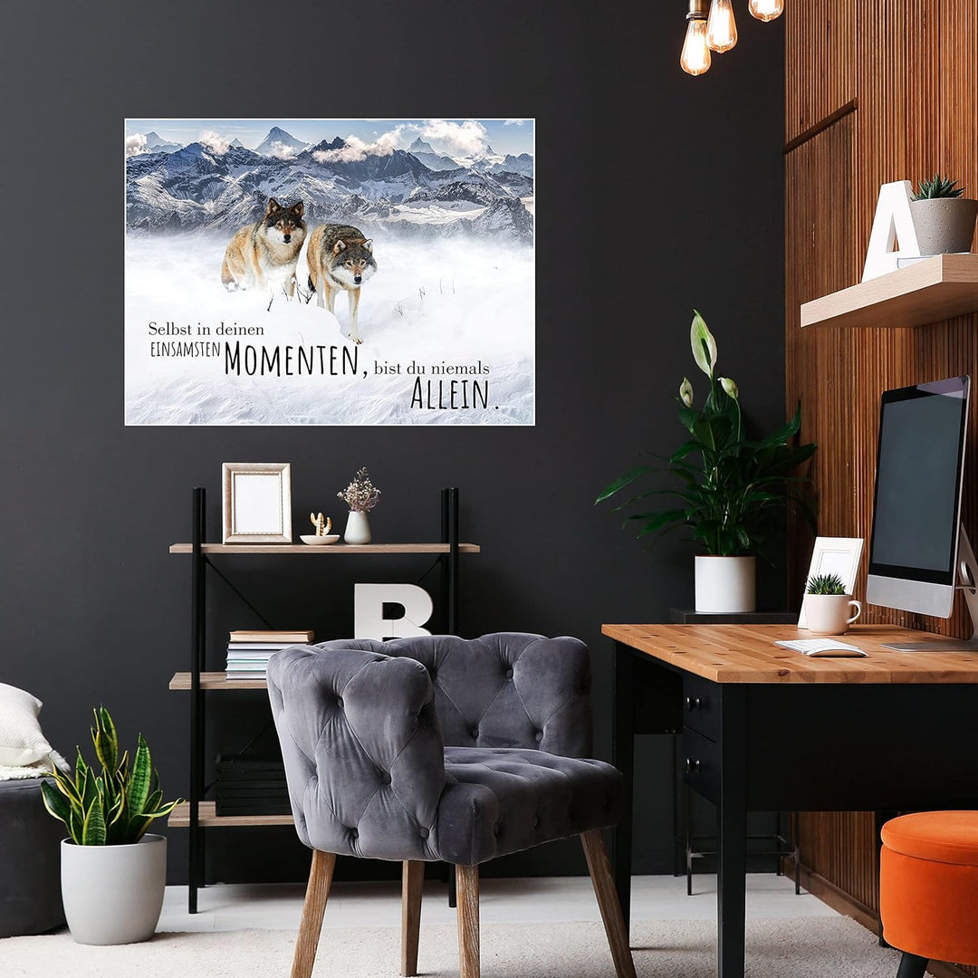 wandmotiv24 Poster als Wanddeko, Grösse 80x60cm, Wolfsrudel, Niemals allein, Wölfe, Wolf, Berge, Tie