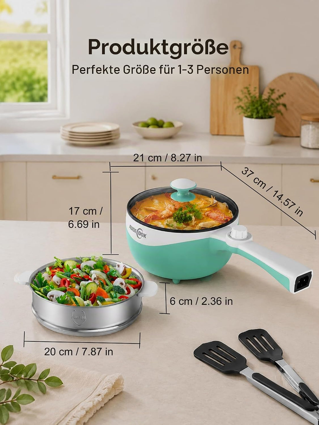Audecook Elektrischer Topf mit Dampfgarer, 1.7L Mini Elektrische Bratpfanne für Wohnheim Antihaftbes