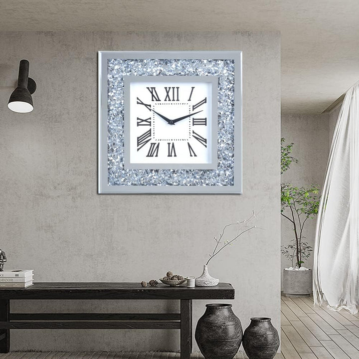 Decor Crushed Diamond Spiegel Wanduhr mit Kristalldekorationen für Zuhause (silberfarben, quadratisc