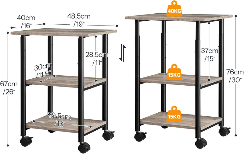 HOOBRO Druckertisch, Druckerwagen mit arretierbaren Rädern, Druckerständer rollbar mit 3 Ebenen, höh