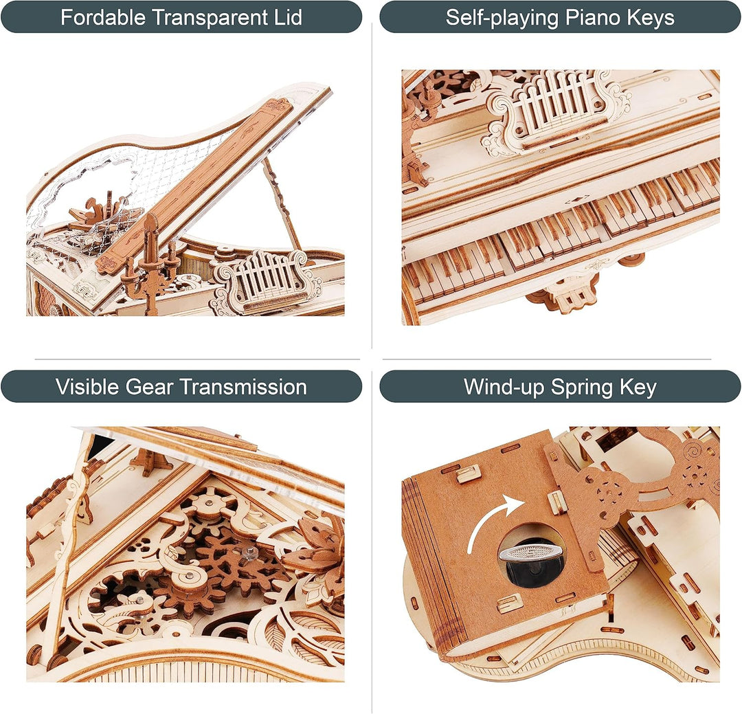 ROBOTIME 3D Puzzle Holz Magic Piano Spieluhr, Modellbausatz für Erwachsene zu Bauen, Getriebe Holzpu