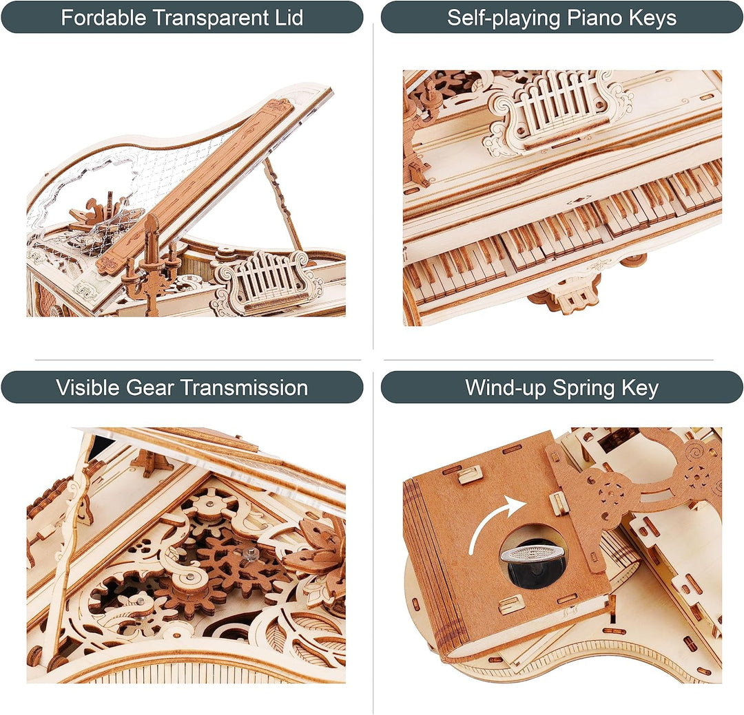 ROBOTIME 3D Puzzle Holz Magic Piano Spieluhr, Modellbausatz für Erwachsene zu Bauen, Getriebe Holzpu