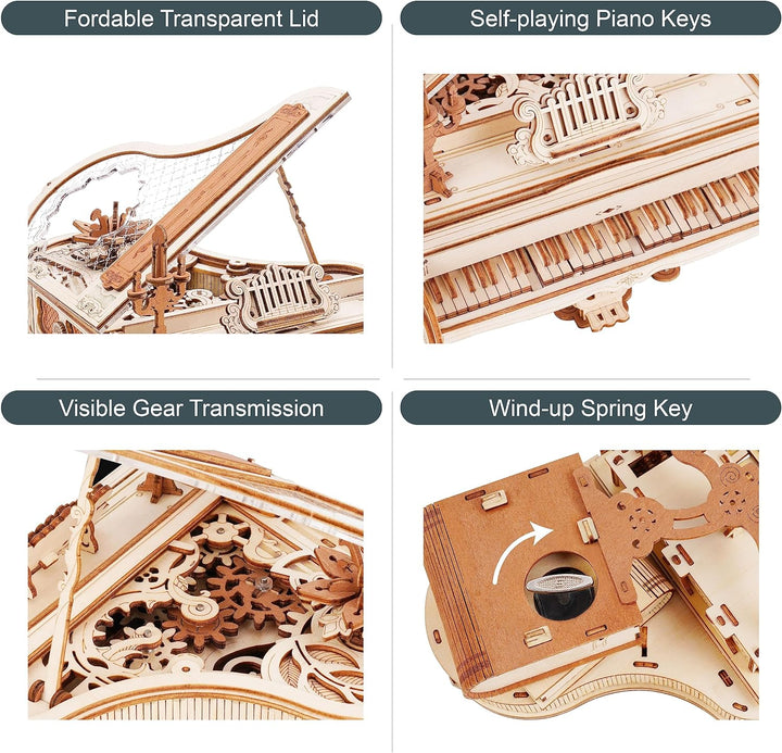 ROBOTIME 3D Puzzle Holz Magic Piano Spieluhr, Modellbausatz für Erwachsene zu Bauen, Getriebe Holzpu