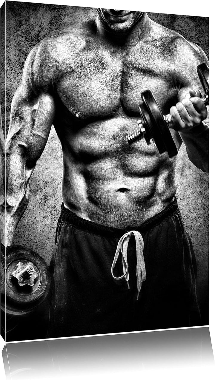 Pixxprint Starker Bodybuilder mit Hantel als Leinwandbild/Grösse: 100x70 / Wandbild/Kunstdruck/ferti