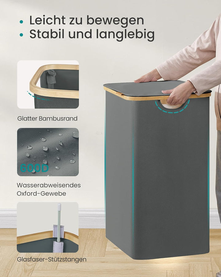 SONGMICS Wäschekorb mit Deckel, Wäschesammler 2 Fächer, Oxford-Gewebe, zusammenklappbar, Bambusrahme